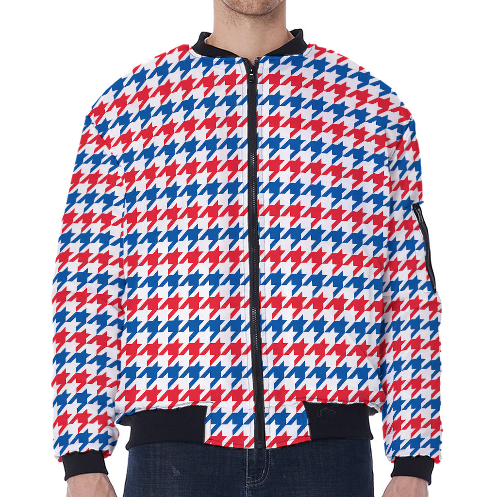 Red Blue And White Houndstooth Print Zip Sleeve Bomber Jacket