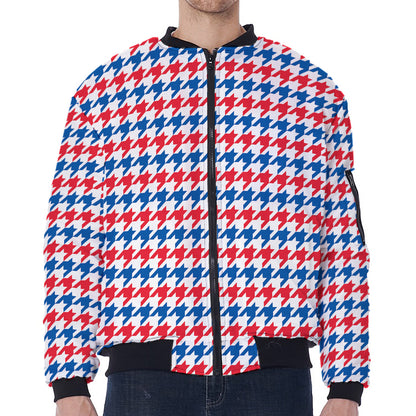Red Blue And White Houndstooth Print Zip Sleeve Bomber Jacket