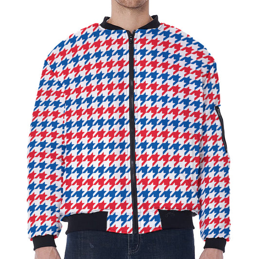 Red Blue And White Houndstooth Print Zip Sleeve Bomber Jacket