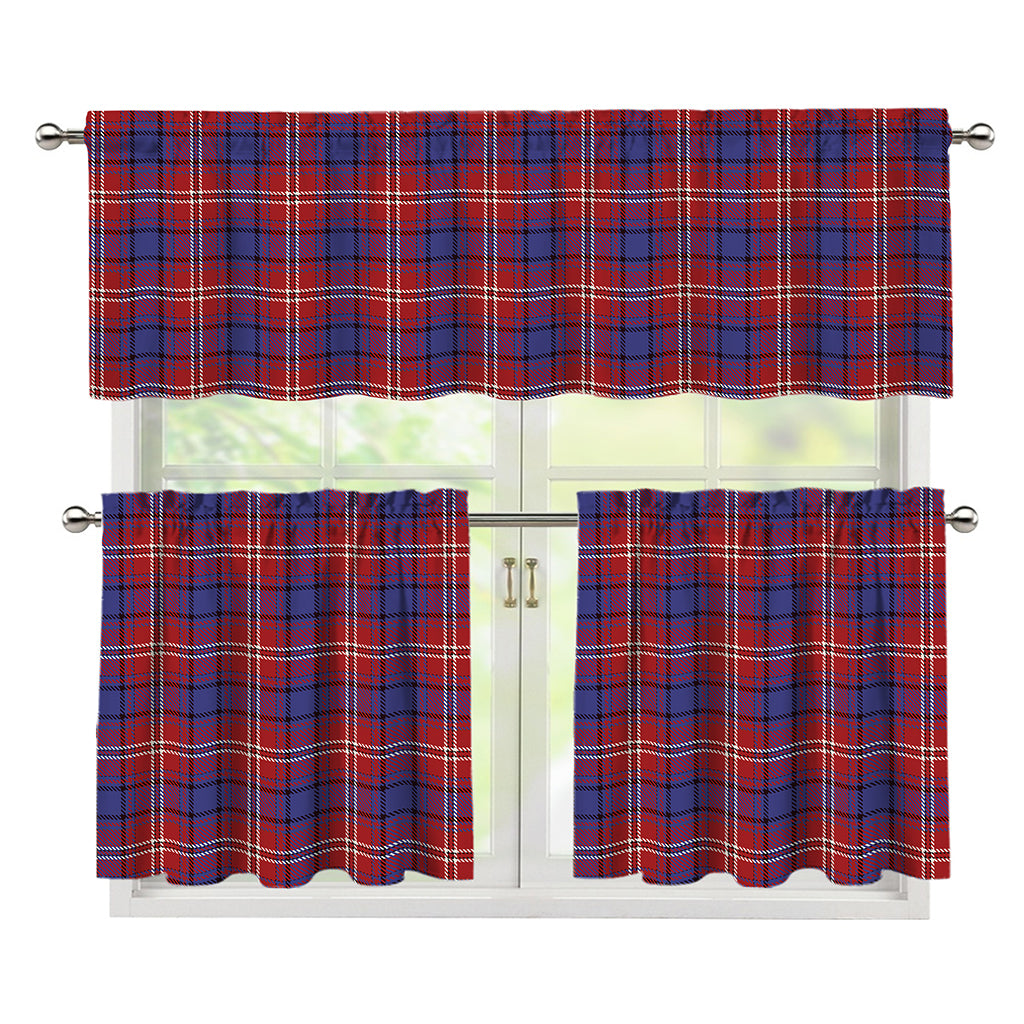 Red Blue And White Tartan Pattern Print 3 Piece Kitchen Curtains