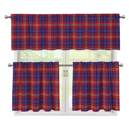 Red Blue And White Tartan Pattern Print 3 Piece Kitchen Curtains