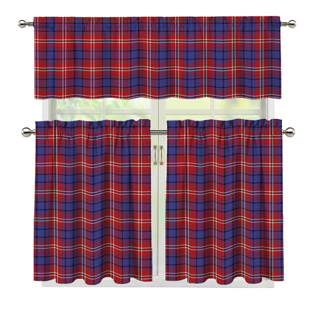 Red Blue And White Tartan Pattern Print 3 Piece Kitchen Curtains