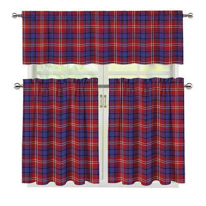 Red Blue And White Tartan Pattern Print 3 Piece Kitchen Curtains