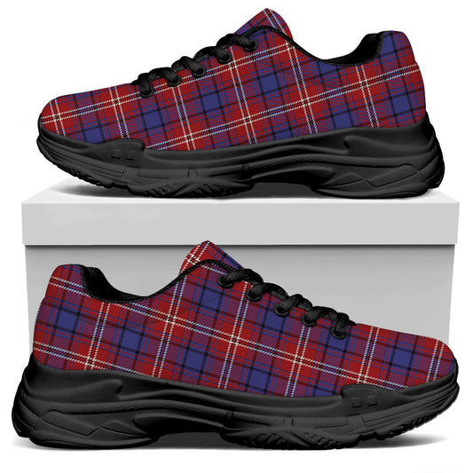 Red Blue And White Tartan Pattern Print Black Chunky Shoes