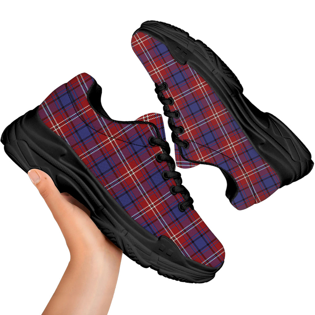 Red Blue And White Tartan Pattern Print Black Chunky Shoes