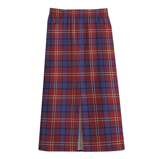 Red Blue And White Tartan Pattern Print Cotton Front Slit Maxi Skirt