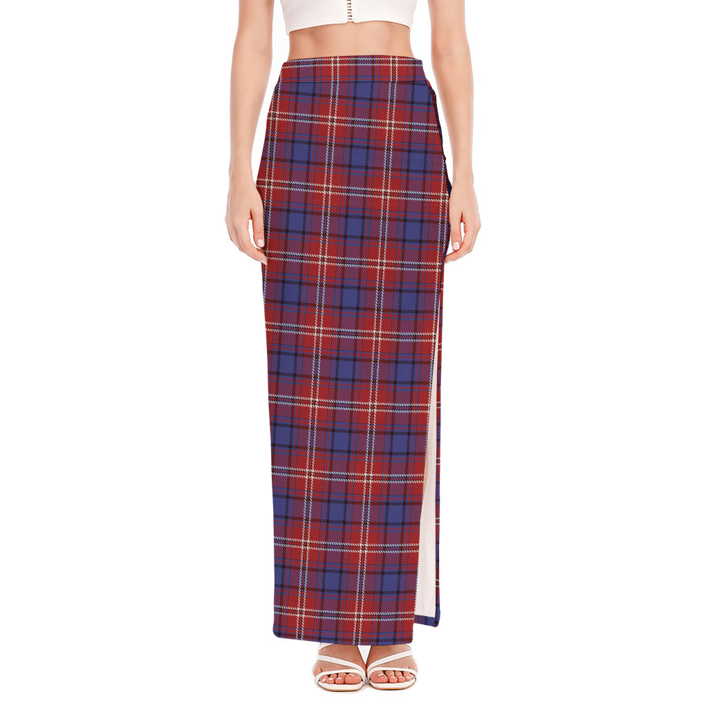 Red Blue And White Tartan Pattern Print High Slit Maxi Skirt