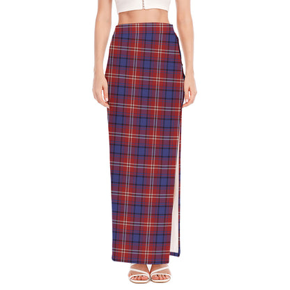 Red Blue And White Tartan Pattern Print High Slit Maxi Skirt
