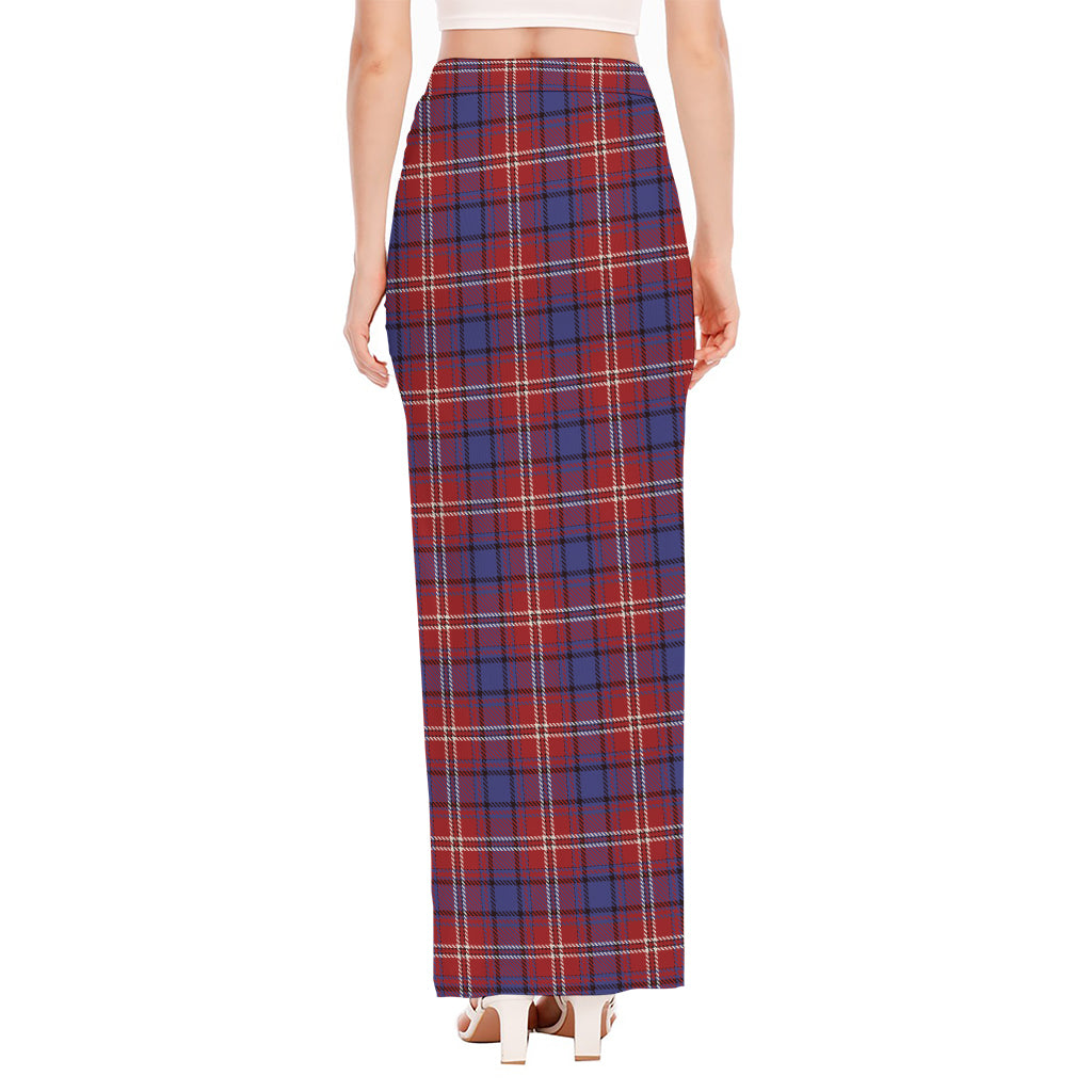Red Blue And White Tartan Pattern Print High Slit Maxi Skirt