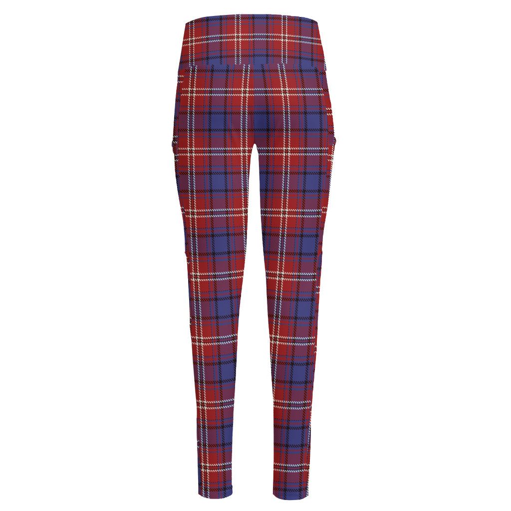 Red Blue And White Tartan Pattern Print High-Waisted Pocket Leggings