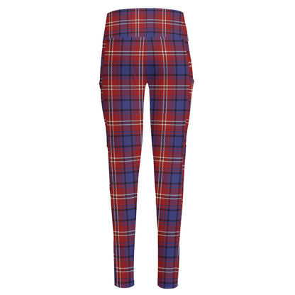 Red Blue And White Tartan Pattern Print High-Waisted Pocket Leggings