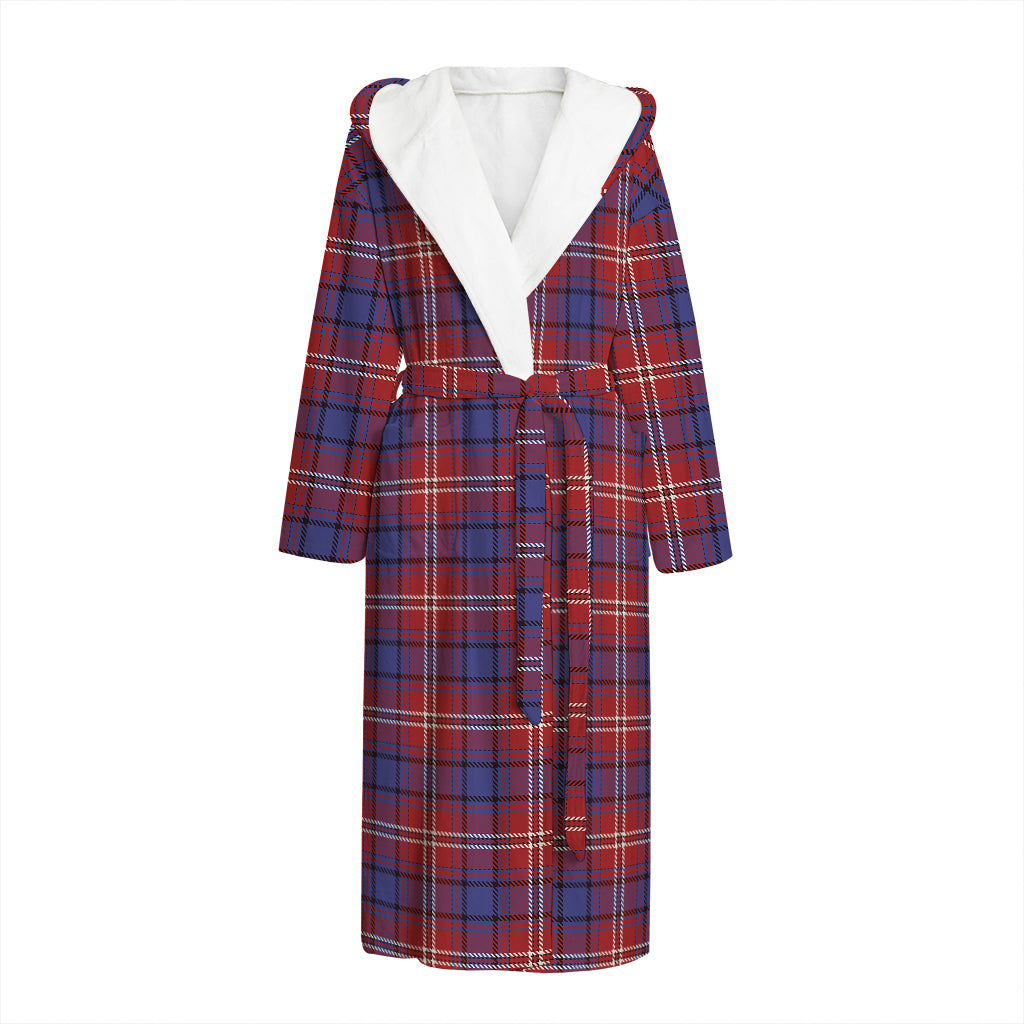 Red Blue And White Tartan Pattern Print Hooded Bathrobe
