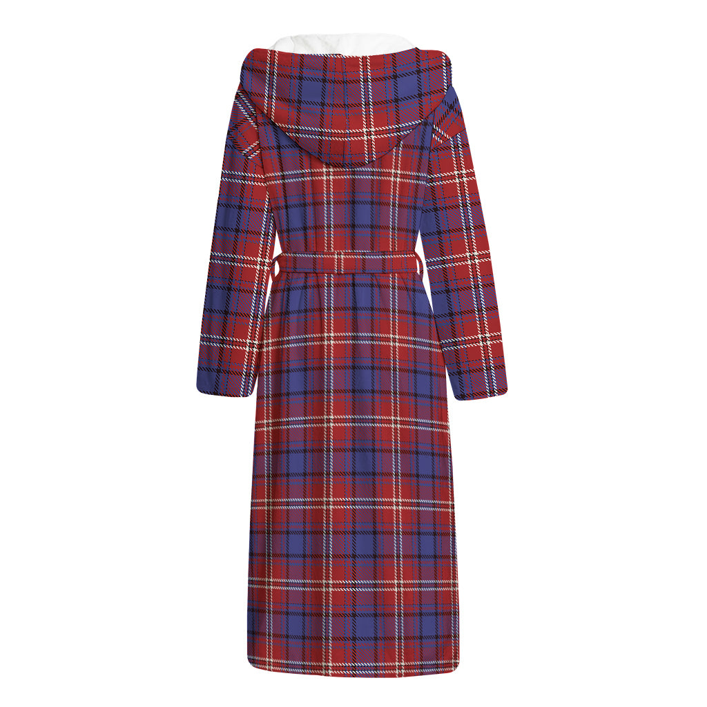 Red Blue And White Tartan Pattern Print Hooded Bathrobe