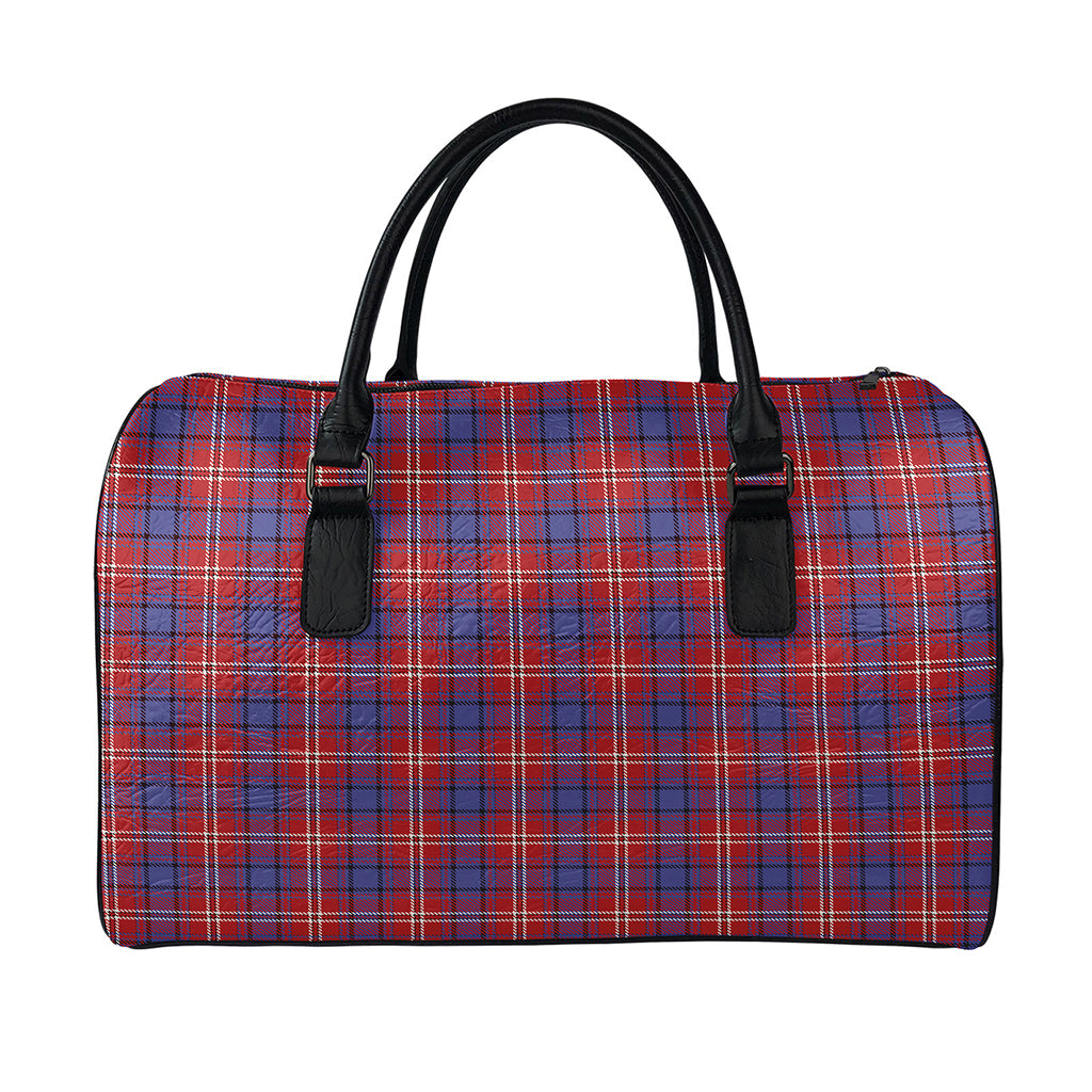 Red Blue And White Tartan Pattern Print Leather Duffle Bag