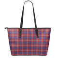 Red Blue And White Tartan Pattern Print Leather Tote Bag With Zipper