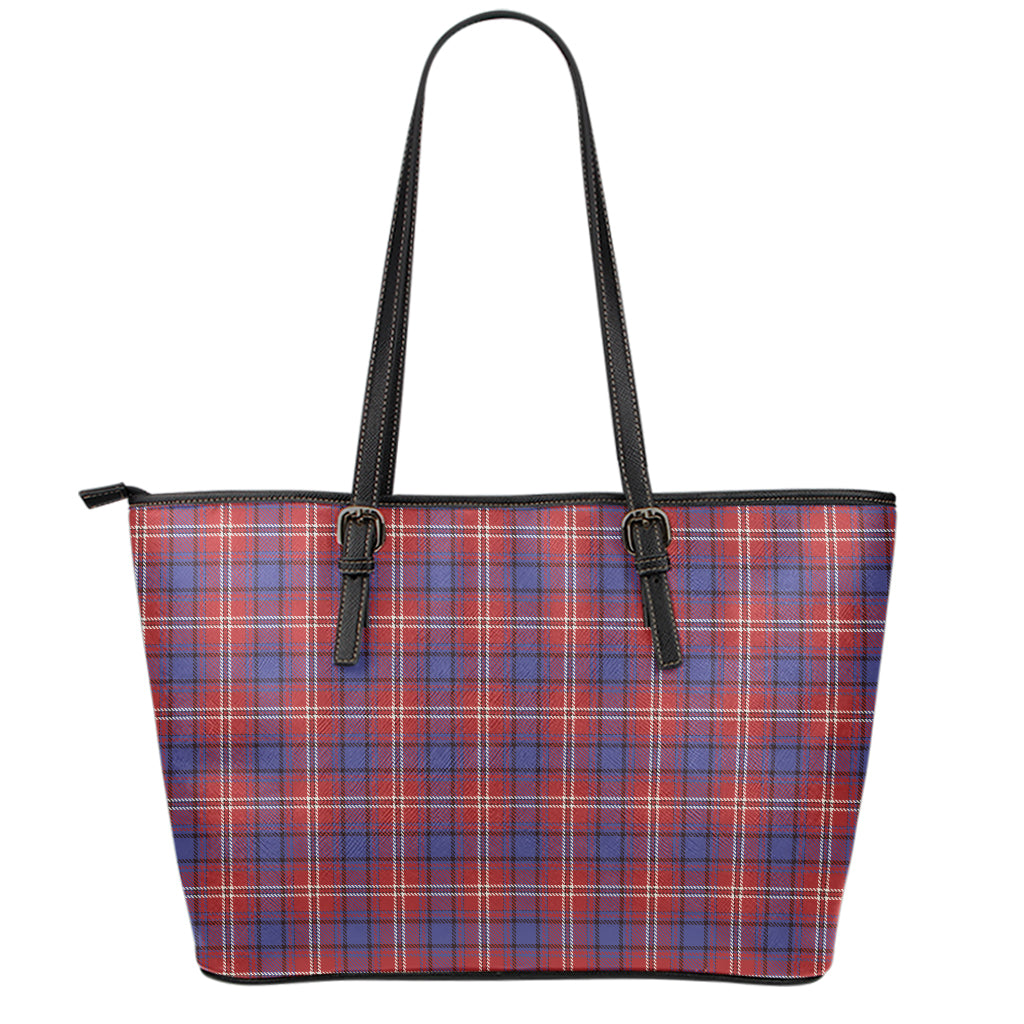 Red Blue And White Tartan Pattern Print Leather Tote Bag