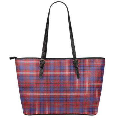 Red Blue And White Tartan Pattern Print Leather Tote Bag