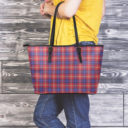Red Blue And White Tartan Pattern Print Leather Tote Bag