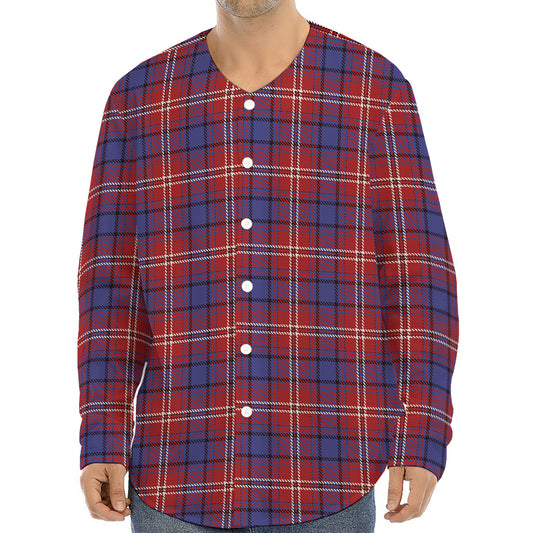 Red Blue And White Tartan Pattern Print Long Sleeve Baseball Jersey