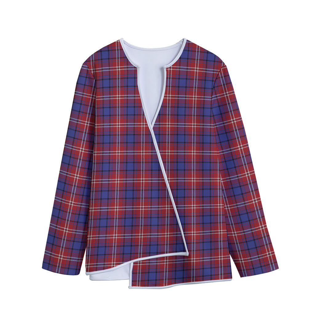 Red Blue And White Tartan Pattern Print Long Sleeve Short Coat