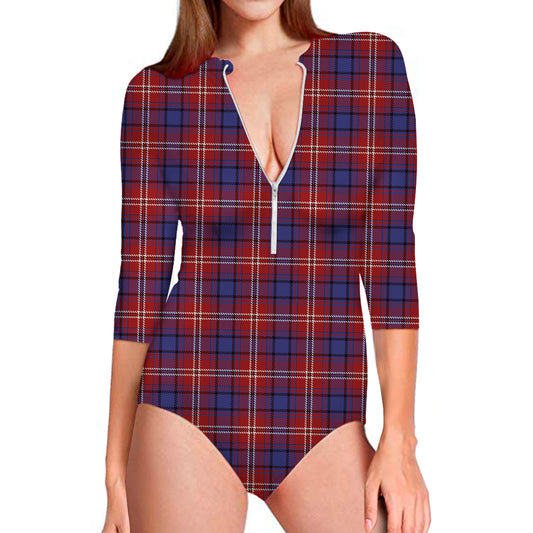 Red Blue And White Tartan Pattern Print Long Sleeve Swimsuit