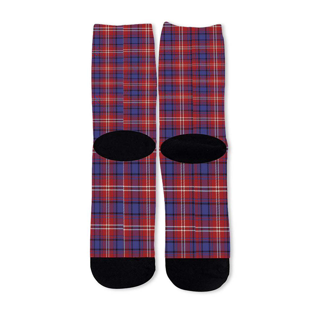 Red Blue And White Tartan Pattern Print Long Socks