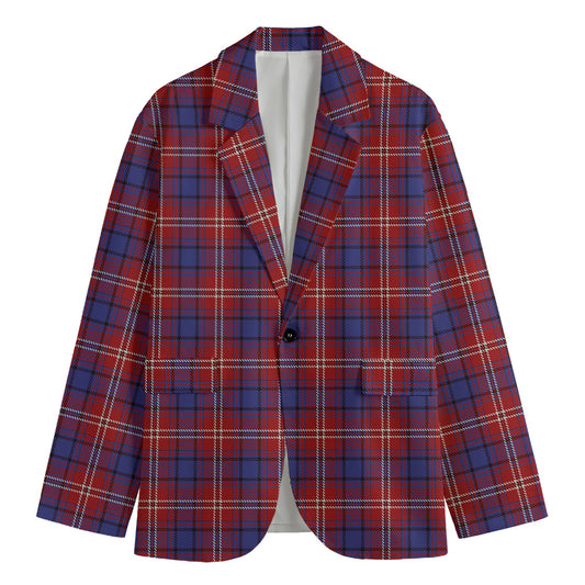 Red Blue And White Tartan Pattern Print Men's Cotton Blazer