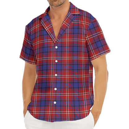 Red Blue And White Tartan Pattern Print Men's Deep V-Neck Shirt