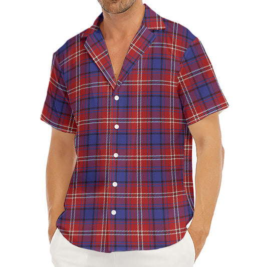 Red Blue And White Tartan Pattern Print Men's Deep V-Neck Shirt