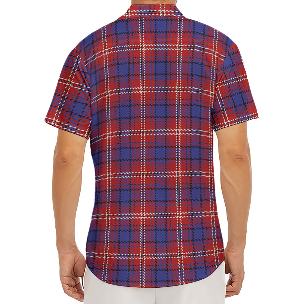 Red Blue And White Tartan Pattern Print Men's Deep V-Neck Shirt