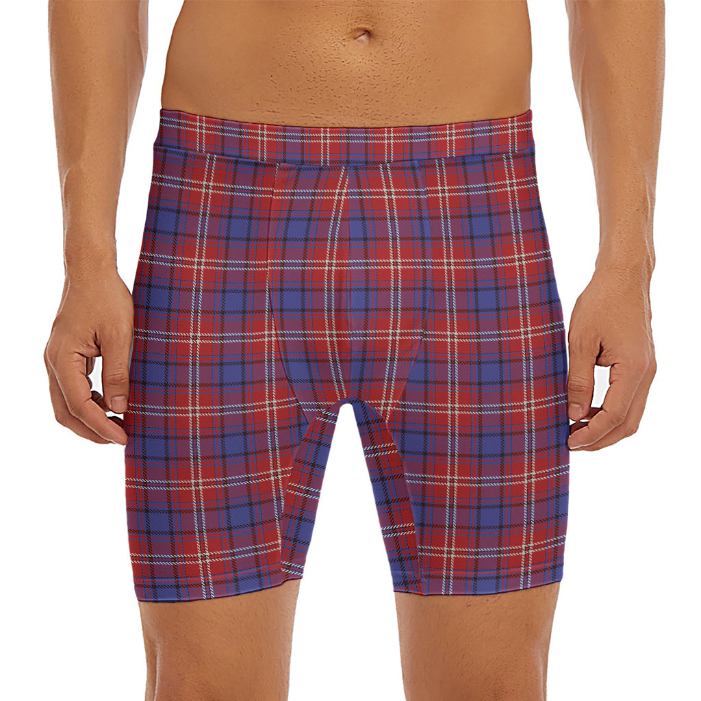 Red Blue And White Tartan Pattern Print Men's Long Boxer Briefs
