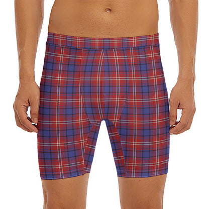 Red Blue And White Tartan Pattern Print Men's Long Boxer Briefs