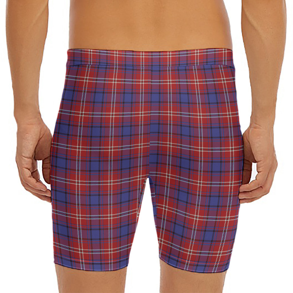 Red Blue And White Tartan Pattern Print Men's Long Boxer Briefs