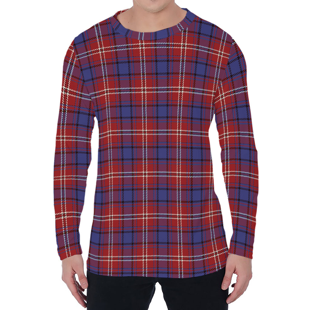 Red Blue And White Tartan Pattern Print Men's Long Sleeve T-Shirt