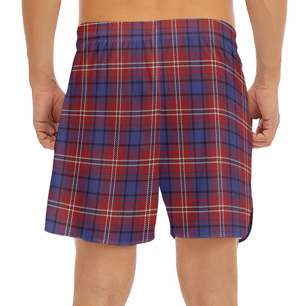 Red Blue And White Tartan Pattern Print Men's Split Running Shorts