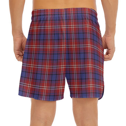Red Blue And White Tartan Pattern Print Men's Split Running Shorts