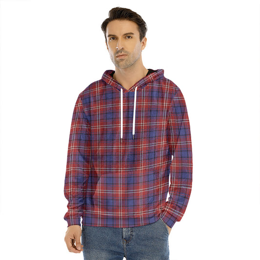 Red Blue And White Tartan Pattern Print Men's Velvet Pullover Hoodie