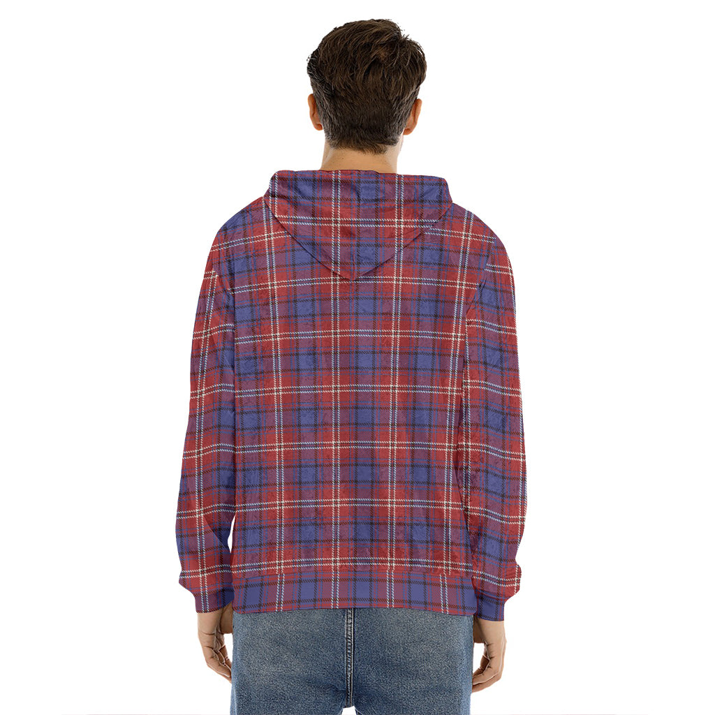 Red Blue And White Tartan Pattern Print Men's Velvet Pullover Hoodie