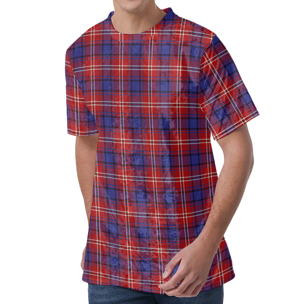 Red Blue And White Tartan Pattern Print Men's Velvet T-Shirt