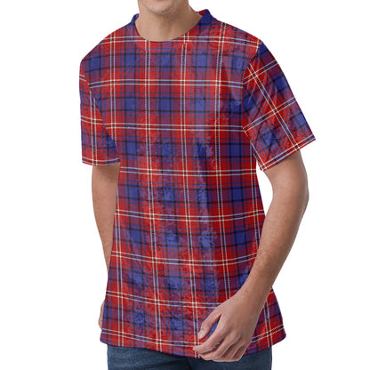 Red Blue And White Tartan Pattern Print Men's Velvet T-Shirt