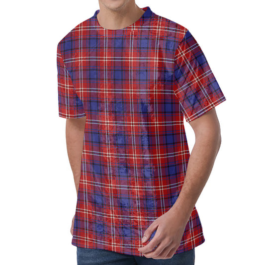 Red Blue And White Tartan Pattern Print Men's Velvet T-Shirt