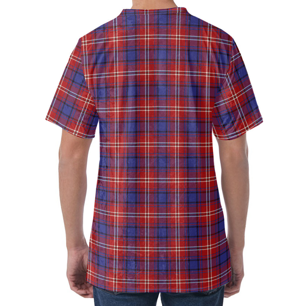 Red Blue And White Tartan Pattern Print Men's Velvet T-Shirt
