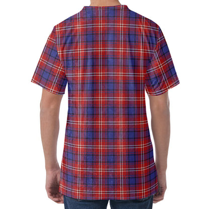 Red Blue And White Tartan Pattern Print Men's Velvet T-Shirt