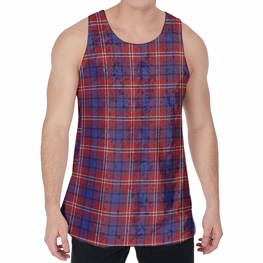 Red Blue And White Tartan Pattern Print Men's Velvet Tank Top