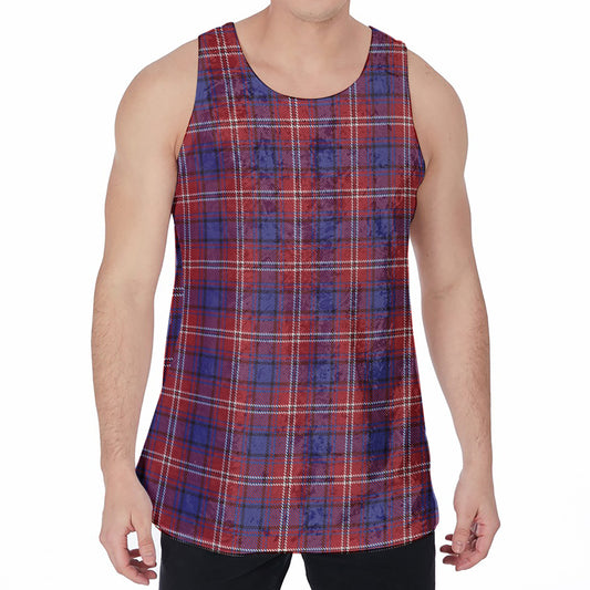 Red Blue And White Tartan Pattern Print Men's Velvet Tank Top