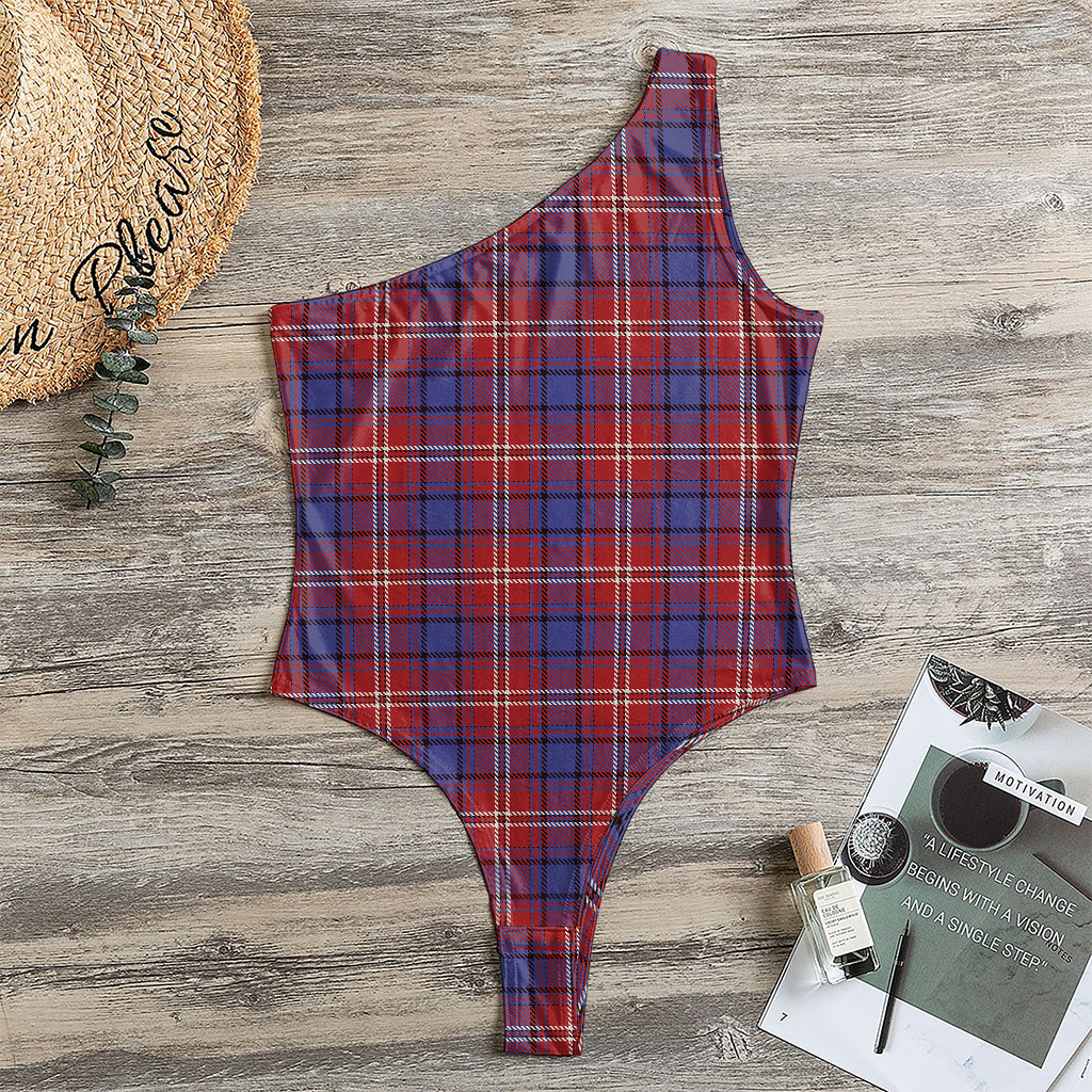 Red Blue And White Tartan Pattern Print One Shoulder Bodysuit