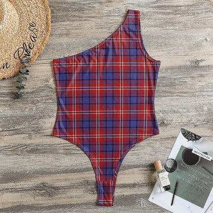 Red Blue And White Tartan Pattern Print One Shoulder Bodysuit