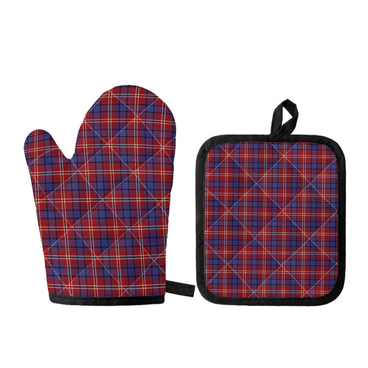 Red Blue And White Tartan Pattern Print Oven Mitt And Pot Holder Set