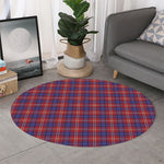 Red Blue And White Tartan Pattern Print Round Rug