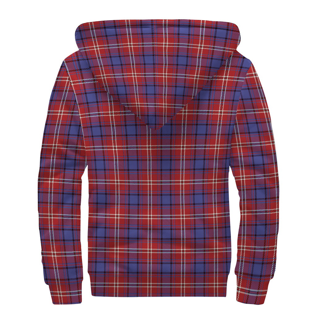 Red Blue And White Tartan Pattern Print Sherpa Lined Zip Up Hoodie